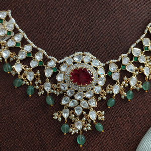 Moissanite Kundan Choker Necklace Set with Ruby Center & Mint Strawberry Beads