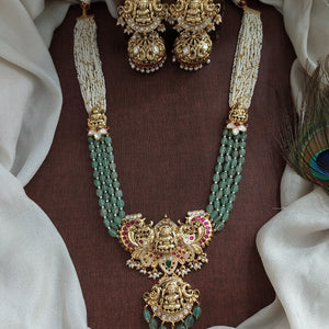 Lakshmi Pendant Kundan Fusion Mala Set with Moissanite & Strawberry Mint Beads

