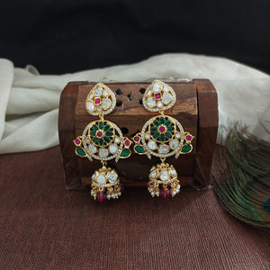 Moissanite Kundan Jhumki with Pearl Drops – White, Green & Red

