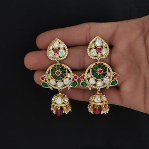 Moissanite Kundan Jhumki with Pearl Drops – White, Green & Red

