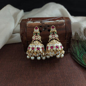 Moissanite Kundan Jhumki with Pearl Drops – White & Red-Green

