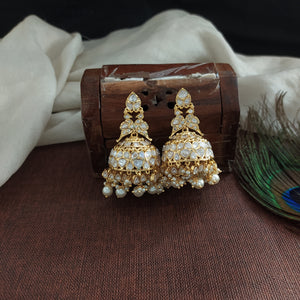 Moissanite Kundan Jhumki with Pearl Drops – White & Red-Green

