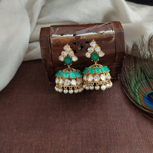Moissanite Kundan Jhumki with Pearl Drops – Green with White & Navaratan Options

