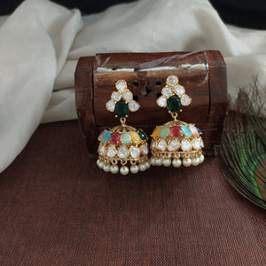 Moissanite Kundan Jhumki with Pearl Drops – Green with White & Navaratan Options

