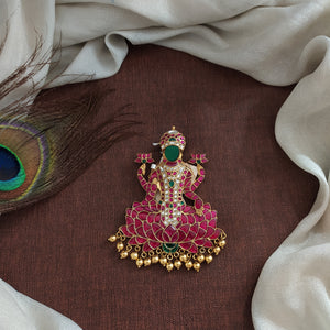 92.5 Pure Silver Jadau Kundan Lakshmi Pendant with Gold Hangings