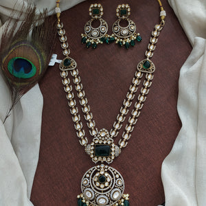 Victorian Double-Layered Long Haram Set with Polki Kundan Stones – Green, Ruby, Violet

