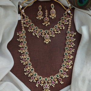 Budget-Friendly Antique Bridal Set with Kemp, Green AD Stones & Pearl Drops

