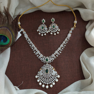 Traditional Zircon Pendant Necklace Set with Pearl Drops in Diamond Finish – Green & Ruby

