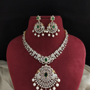 Traditional Zircon Pendant Necklace Set with Pearl Drops in Diamond Finish – Green & Ruby

