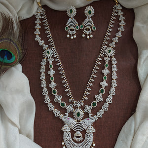 Diamond-Finish Zircon Layered Long Haram Set – Regal Elegance