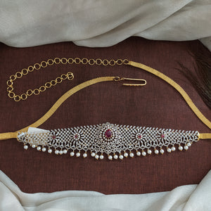 Zircon Stones Hip Chain in Diamond Finish with Pearl Drops – White, Ruby, Green Variants

