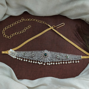 Zircon Stones Hip Chain in Diamond Finish with Pearl Drops – White, Ruby, Green Variants

