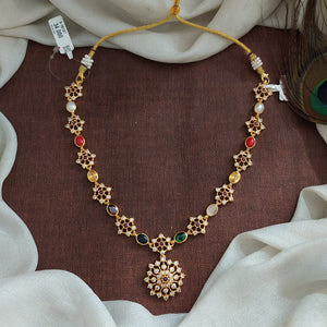 92.5 Pure Silver Navaratna Short Necklace in Gold Finish

