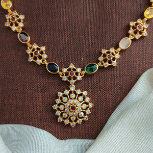 92.5 Pure Silver Navaratna Short Necklace in Gold Finish

