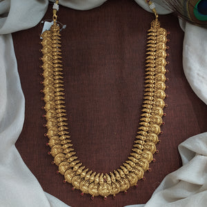 Traditional 925 Silver Long Kasumalai Haram – Lakshmi Motif & Ruby Stones

