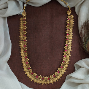 92.5 Pure Silver Mantrika Kasu Malai Long Haram – Lakshmi Coin Design with Ruby Stones

