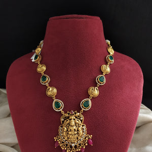 Swarna Manikya Lakshmi Short Necklace – Antique Design with Green, Ruby & CZ Stones

