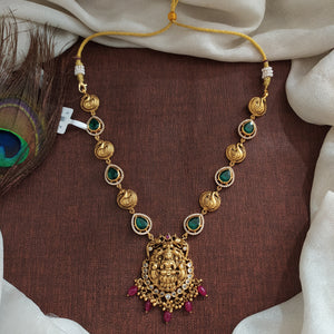 Swarna Manikya Lakshmi Short Necklace – Antique Design with Green, Ruby & CZ Stones


