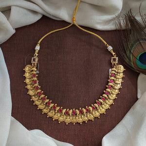 92.5 Pure Silver Traditional Antique Kaasu Maalai Necklace with Ruby Stones

