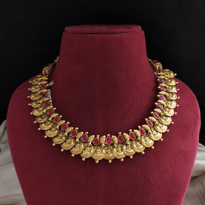92.5 Pure Silver Traditional Antique Kaasu Maalai Necklace with Ruby Stones

