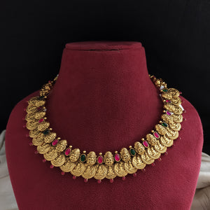 Traditional South Indian Pure Silver Kasumalai Necklace – Antique Temple Design with Ruby & Green Stones

