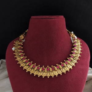 Traditional South Indian Pure Silver Kasumalai Necklace – Ruby Stone Antique Temple Design

