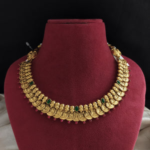 92.5 Pure Silver Traditional Antique Kaasu Maalai Necklace with Ruby Stones

