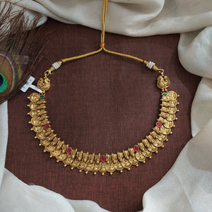 92.5 Pure Silver Traditional Antique Kaasu Maalai Necklace with Ruby Stones

