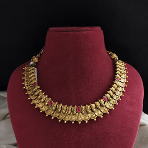 92.5 Pure Silver Traditional Antique Kaasu Maalai Necklace with Ruby Stones

