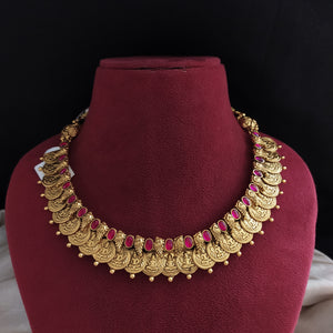 92.5 Pure Silver Traditional Antique Kaasu Maalai Necklace with Ruby Stones

