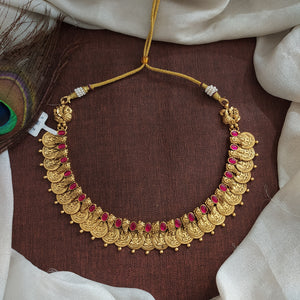 92.5 Pure Silver Traditional Antique Kaasu Maalai Necklace with Ruby Stones

