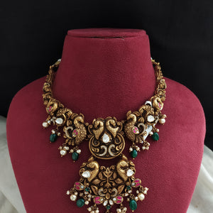 92.5 Pure Silver Bridal Nakshi Necklace Set with Peacock Design – Kundan & Moissanite Fusion