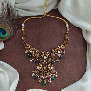 92.5 Pure Silver Bridal Nakshi Necklace Set with Peacock Design – Kundan & Moissanite Fusion