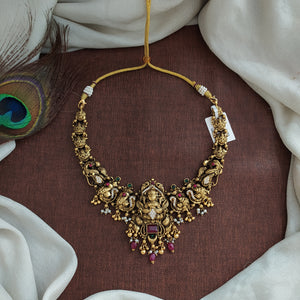 92.5 Pure Silver Antique Nakshi Bridal Necklace with Lakshmi & Peacock Design – Jadau Kundan & CZ Stones

