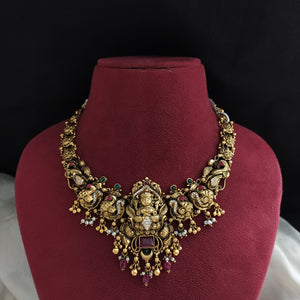 92.5 Pure Silver Antique Nakshi Bridal Necklace with Lakshmi & Peacock Design – Jadau Kundan & CZ Stones

