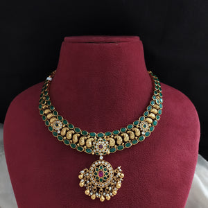92.5 Pure Silver Antique Necklace with Jade Green Stones & Pearl Drops

