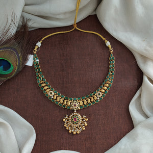 92.5 Pure Silver Antique Necklace with Jade Green Stones & Pearl Drops

