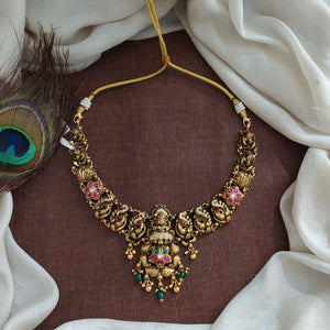 92.5 Pure Silver Antique Nakshi Bridal Necklace with Lakshmi & Peacock Design – Jadau Kundan & CZ Stones

