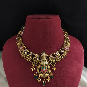 92.5 Pure Silver Antique Nakshi Bridal Necklace with Lakshmi & Peacock Design – Jadau Kundan & CZ Stones

