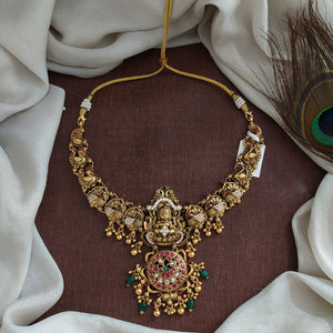 92.5 Pure Silver Antique Nakshi Bridal Necklace with Lakshmi & Peacock Design – Jadau Kundan & CZ Stones

