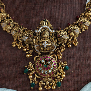 92.5 Pure Silver Antique Nakshi Bridal Necklace with Lakshmi & Peacock Design – Jadau Kundan & CZ Stones


