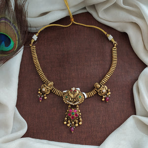92.5 Pure Silver Antique Nakshi Necklace with Lakshmi & Peacock Pendant – Jadau Kundan & CZ Stones

