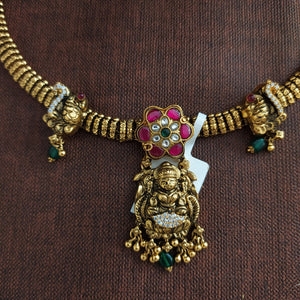 92.5 Pure Silver Antique Nakshi Necklace with Lakshmi & Peacock Pendant – Jadau Kundan & CZ Stones

