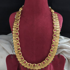 Traditional 925 Silver Long Kasumalai Haram – Lakshmi Motif & Ruby Stones