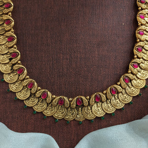 Traditional 925 Silver Long Kasumalai Haram – Lakshmi Motif & Ruby Stones