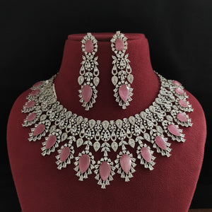 Elegant Pastel Zircon Reception Jewelry Set – Pink, Green & Violet with Matching Earrings

