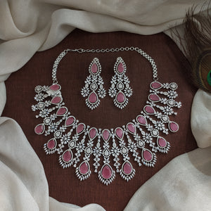 Pastel Designer Zircon Reception Set – Pink & Mint with Matching Earrings