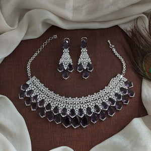Rhodium Finish Violet Zircon Choker Set with Big AD Stones