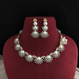 Zircon Necklace Set with Semi-Precious Pearls | American Diamond Style