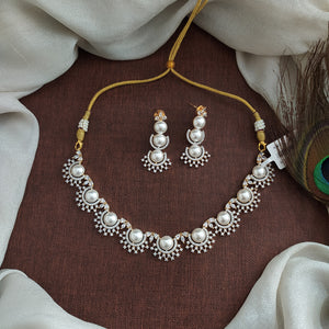 Zircon Necklace Set with Semi-Precious Pearls | American Diamond Style
